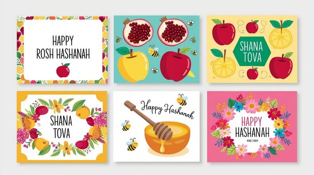 Photo set with cute colorful rosh hashanah celebration postcards happy and sweet new year in hebrew shana tova traditional icons concept of jewish new year symbols flat cartoon vector illustration