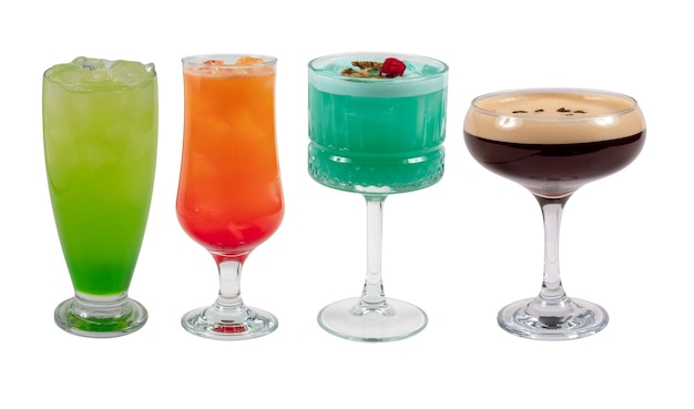 Set with different cocktails and strong drinks on a white background