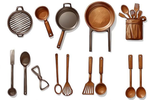 Photo set with different cooking utensils on white background