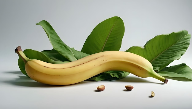 A set with Fresh ripe baby bananas with leaves falling in the air isolated on white background