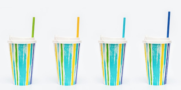 Set with take away colored paper coffee cups with paper drinking straw Bright colors and summer drink concept