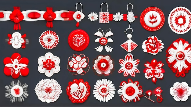 Set with traditional martenitsi in different shapes on white background Symbol of first spring day