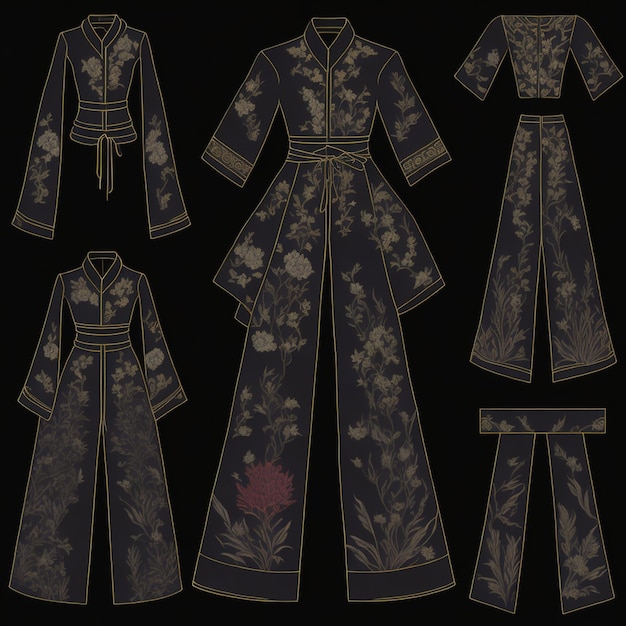 Set of women's coats with floral pattern on a black background