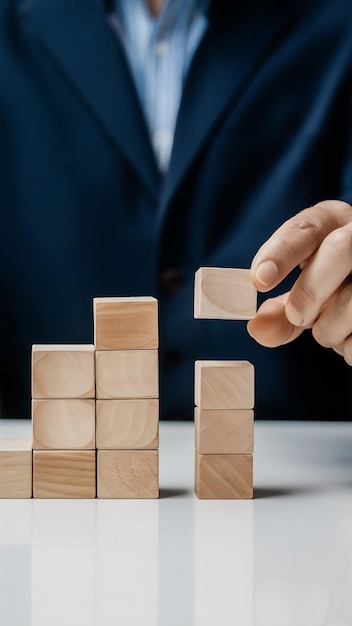 Set of wooden blocks and man holding wooden block on white