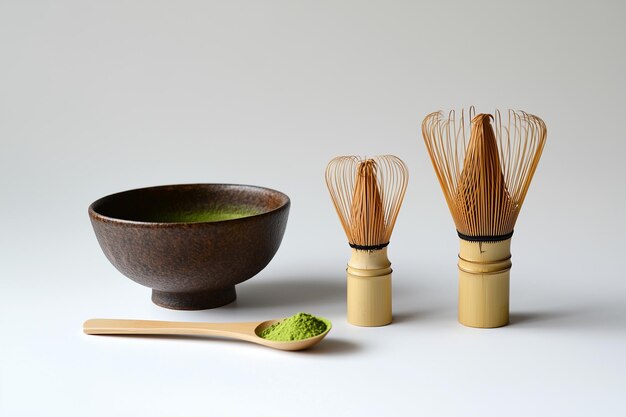 Photo a set of wooden spoons and a bowl of green tea