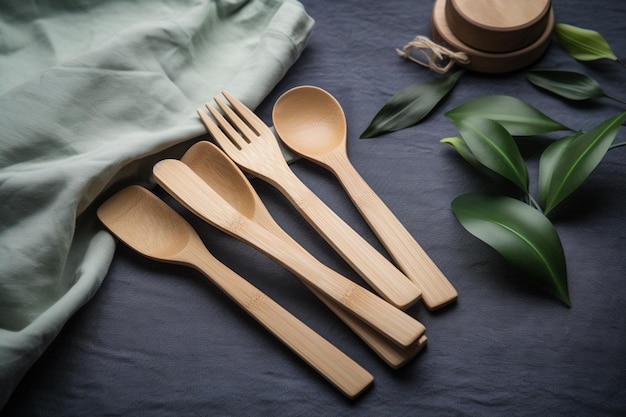 A set of wooden spoons, forks, and other wooden utensils.