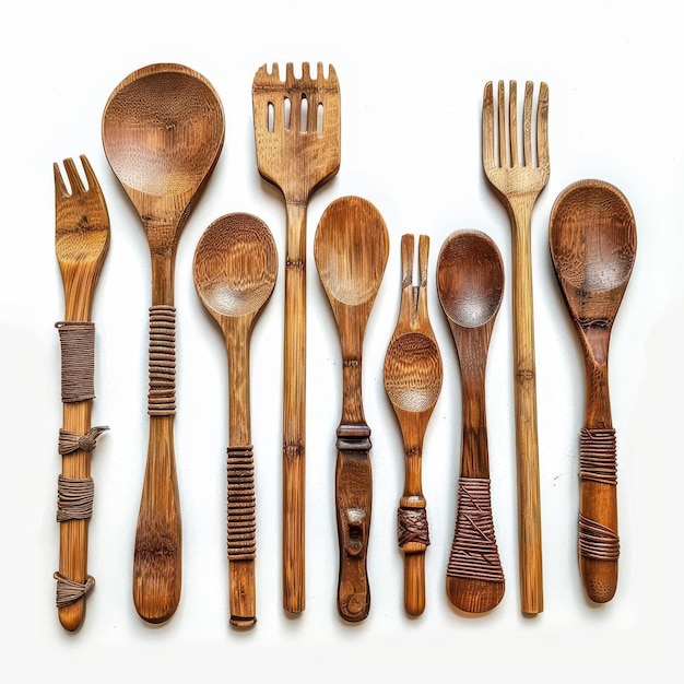 set of wooden utensils with a rope around them