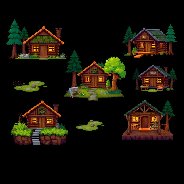 Set Woodland Cabins With Fern Covered Paths Mossy Logs Pine Trees Stone Hearths and Wooden Furnit