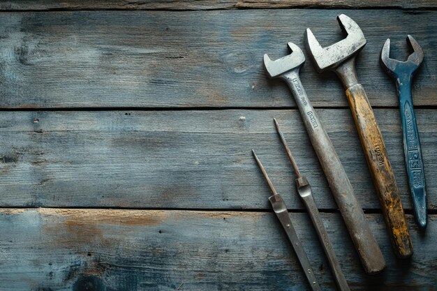 Set of work hand tools on grey wood background