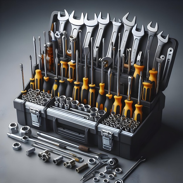 A set of wrenches and screwdrivers neatly organized on a toolbox in a car workshop isolated on a pl