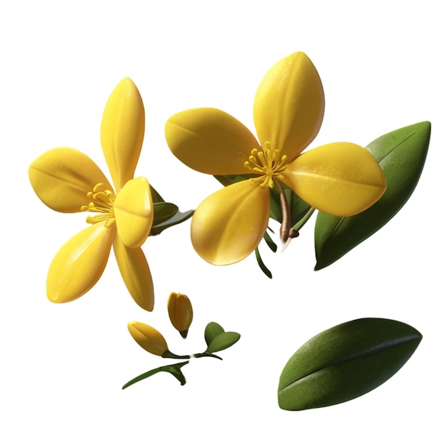 a set of yellow flowers with leaves and leaves