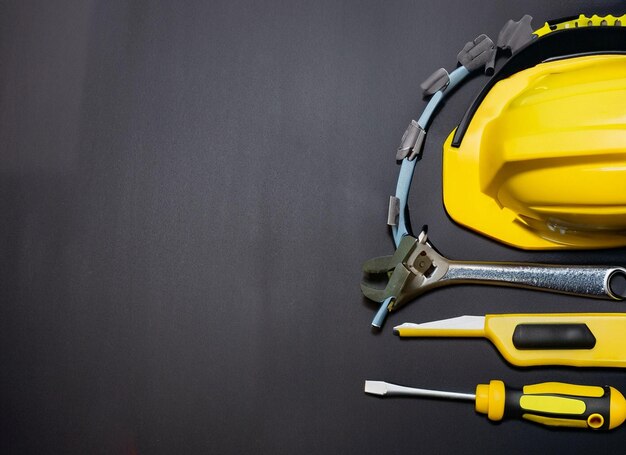 Set of yellow tools on black background