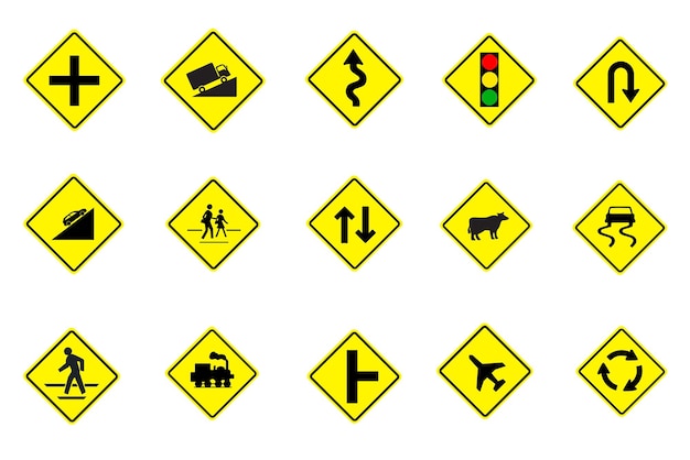 Set of yellow traffic signs isolated from white background.