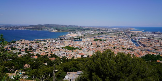 Sete town south French Mediterranean coast of Languedoc in aerial top view panorama