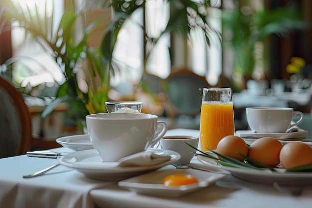 Setting of breakfast includes coffee fresh orange juice eggs on table in hotel restaurant