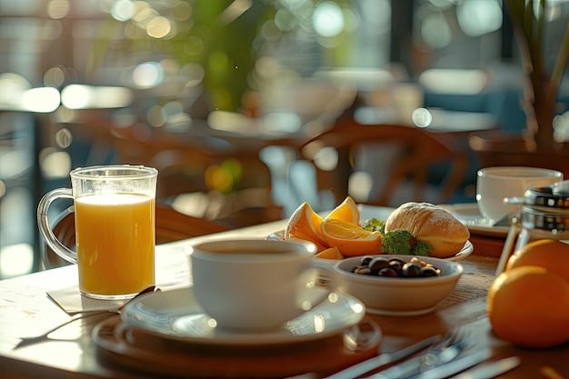 Setting of breakfast includes coffee fresh orange juice eggs on table in hotel restaurant