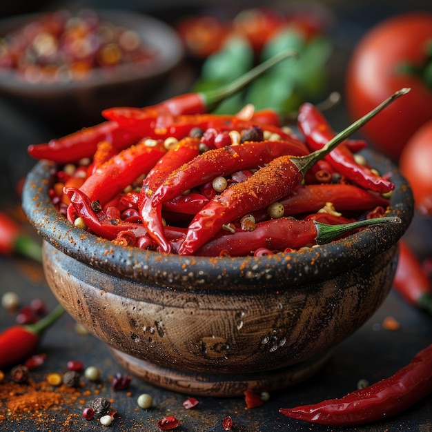 The setting of chili in the bowl and its preparation in the form of sauce and extra hot chili season