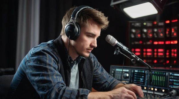 Setting the equipment Young man is indoors in the radio