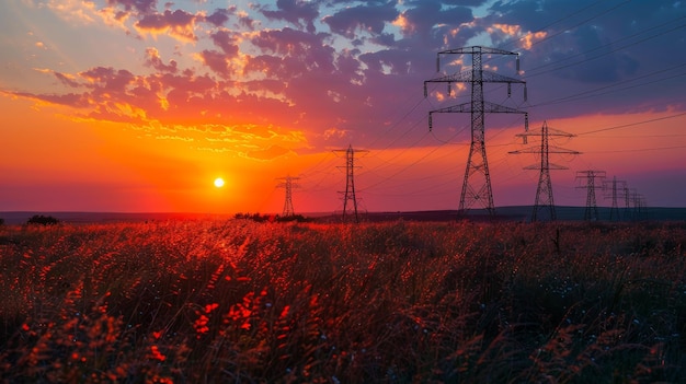 The setting sun bathes a field and high voltage power lines in warm light combining natural beauty