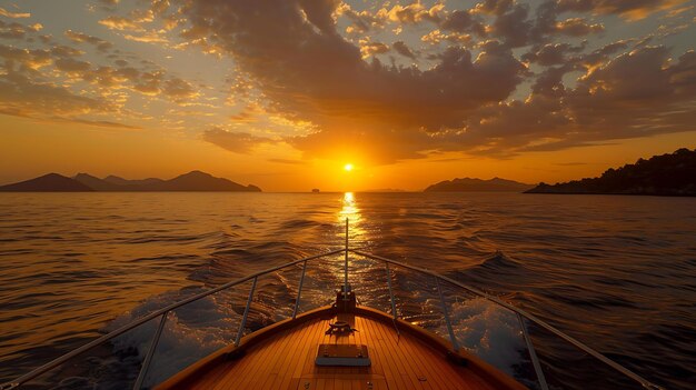 The setting sun casts a golden glow on the sea as seen from the bow of a boat The sky is ablaze with color and the water sparkles like diamonds