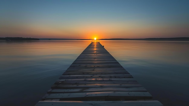 The setting sun casts a golden glow on a wooden dock jutting out into a still lake with a distant forest on the horizon