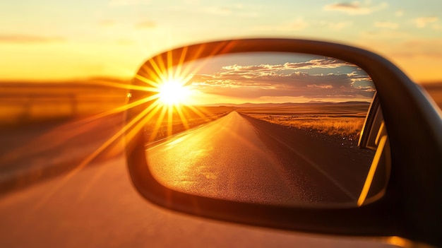 Photo the setting sun is reflected in a side view mirror of a car