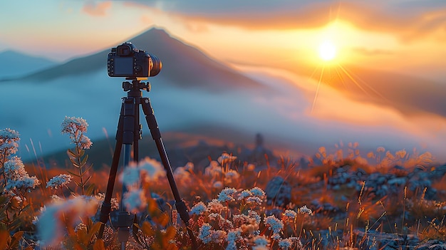 A the setting sun tripod with a mediumtelephoto lens sitting on it in front of a mountain with scene