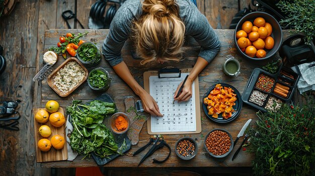 Photo setting up fitness planner with healthy food and workout gear