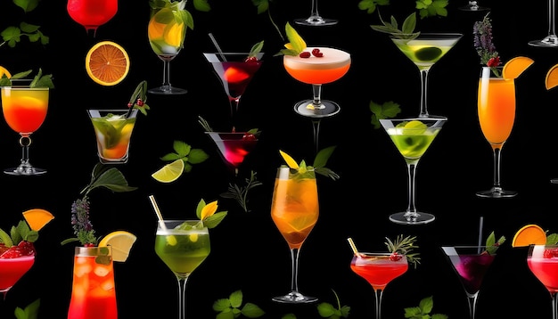 A setup of various cocktails on a black background with garnishes and lighting effects