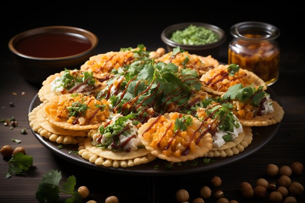 Sev puri chaat arranged in a circular pattern on a pl