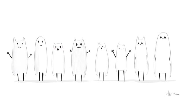 Photo seven adorable whimsical ghostlike characters in a fun minimalistic design