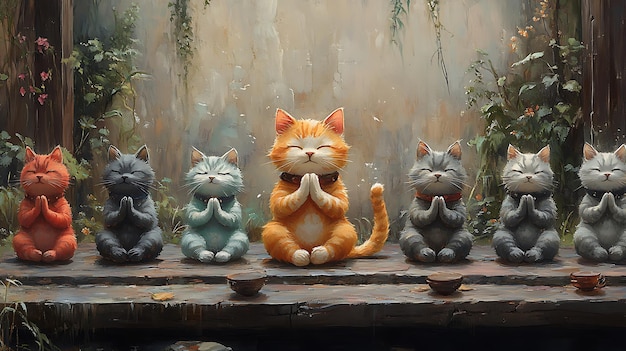 Photo seven cats meditating in a garden setting