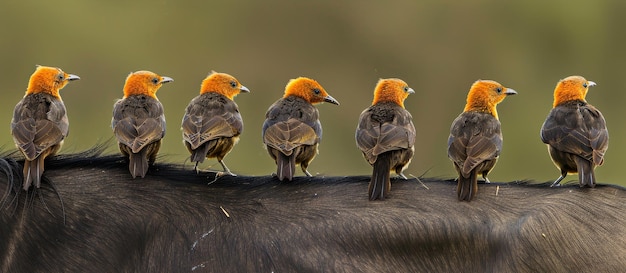 Photo seven colorful birds perched on the back of a horse during a sunny day in a rural setting showcasing natures harmony and beauty