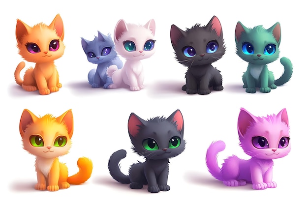 Seven cute cartoon cats in different colors and poses surrounded