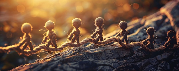 Seven handmade dolls walking on a rope enjoying friendship and teamwork