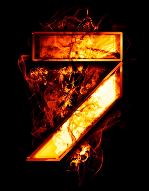 Photo seven, illustration of  number with chrome effects and red fire on black background