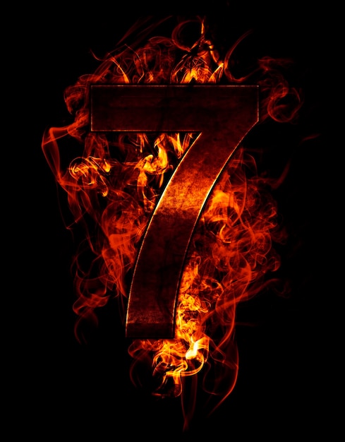 seven, illustration of  number with chrome effects and red fire on black background