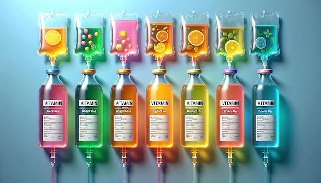 Photo seven iv bags filled with colorful liquids and various fruits and supplements vitamin infusion therapy iv drip for health and beauty wellness trends