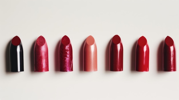 Photo seven lipsticks in various shades of red and pink are neatly arranged in a row on a white surface