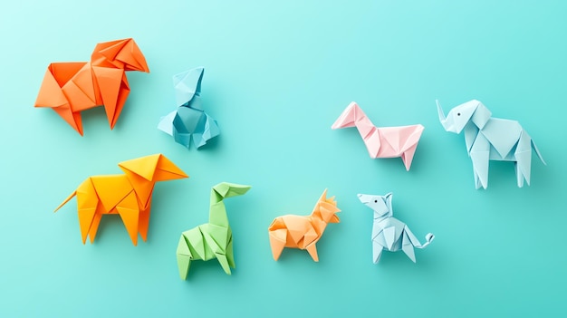 Photo seven origami animals an orange elephant a blue bunny a pink horse a blue elephant an orange dog a green giraffe and a yellow butterfly are arranged on a blue background