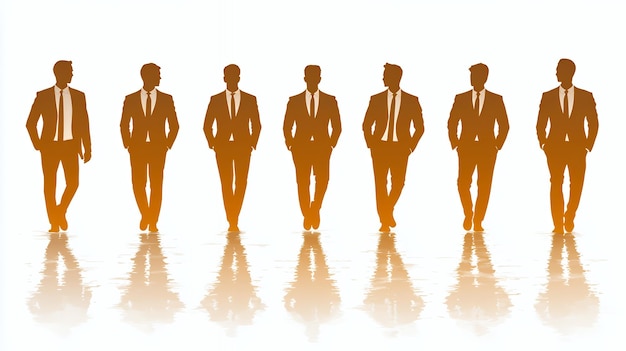 Photo seven silhouettes of businessmen in suits standing in a row with reflections on a white background