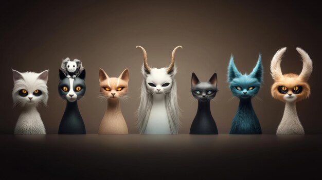 Photo seven stylized cats with different fur colors and expressions