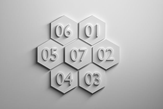 Seven white hexagons with large numbers on white background. 