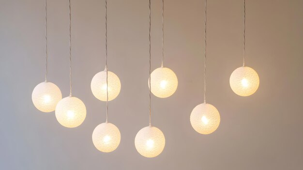 Seven White Round Hanging Lights with Warm Light Bulbs