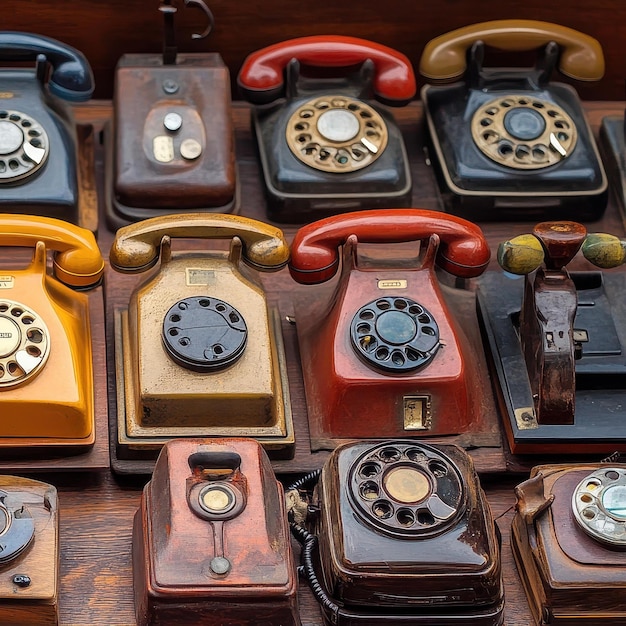 Photo several antique telephones big collection filling entire image