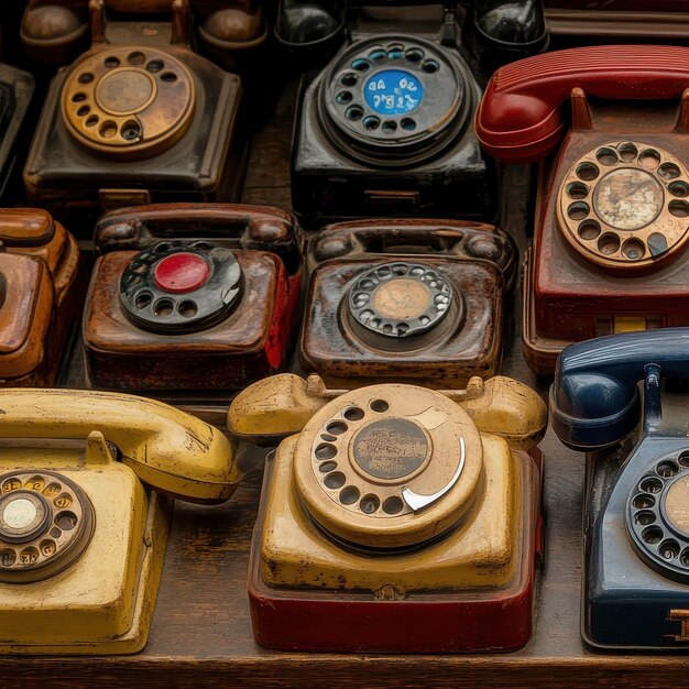 Photo several antique telephones big collection filling entire image