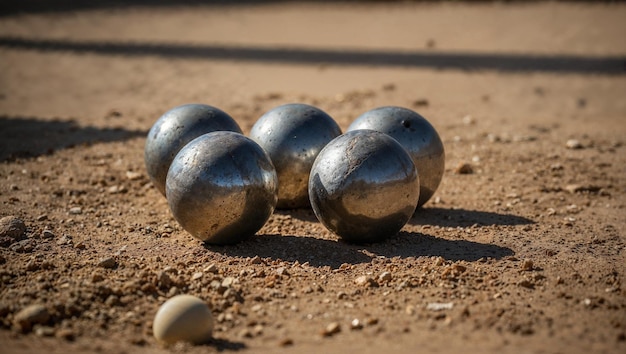 Several balls from the game of Petanque on the dirt floor