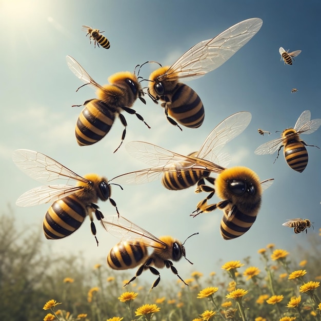 several bees on a sky background