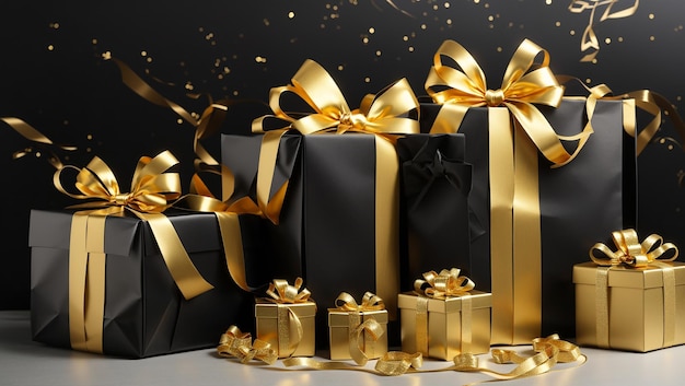 Several black gift boxes with gold ribbons and bows on a black background