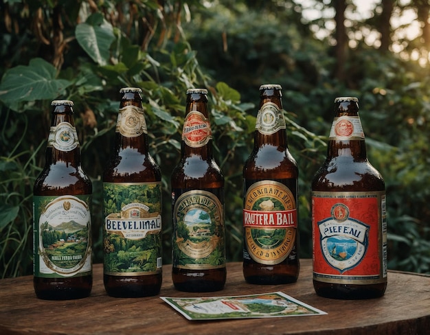 several bottles of beer are lined up on a table